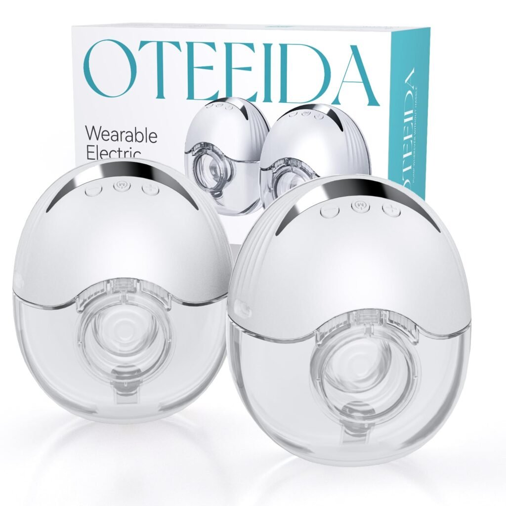 Two OTEEIDIDA breast pumps wearable electric breast pumps displayed in front of their packaging box